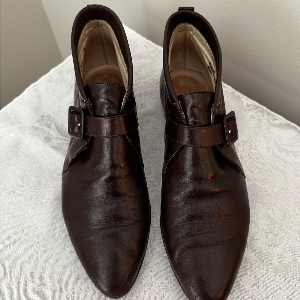 Bally Dark Brown Pointed Leather Ankle Booties with Buckle